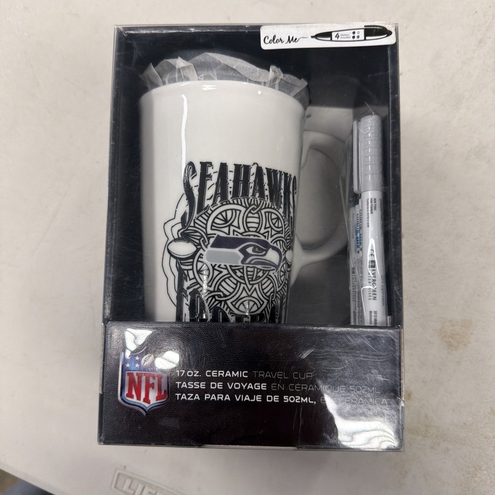 NFL Seattle Seahawks Color Me 17oz Ceramic Travel Cup Mug Set with Markers NEW